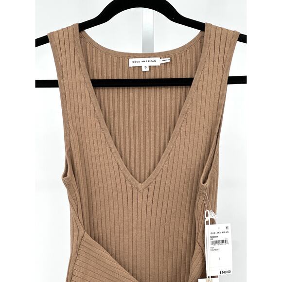 Good American Rib Knit Tie Waist Midi Dress in Taupe Large - Picture 6 of 11